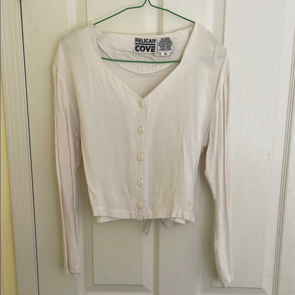 Dainty Women's White Button-Up Top with Tie Waist - Pelican Cove Size Small